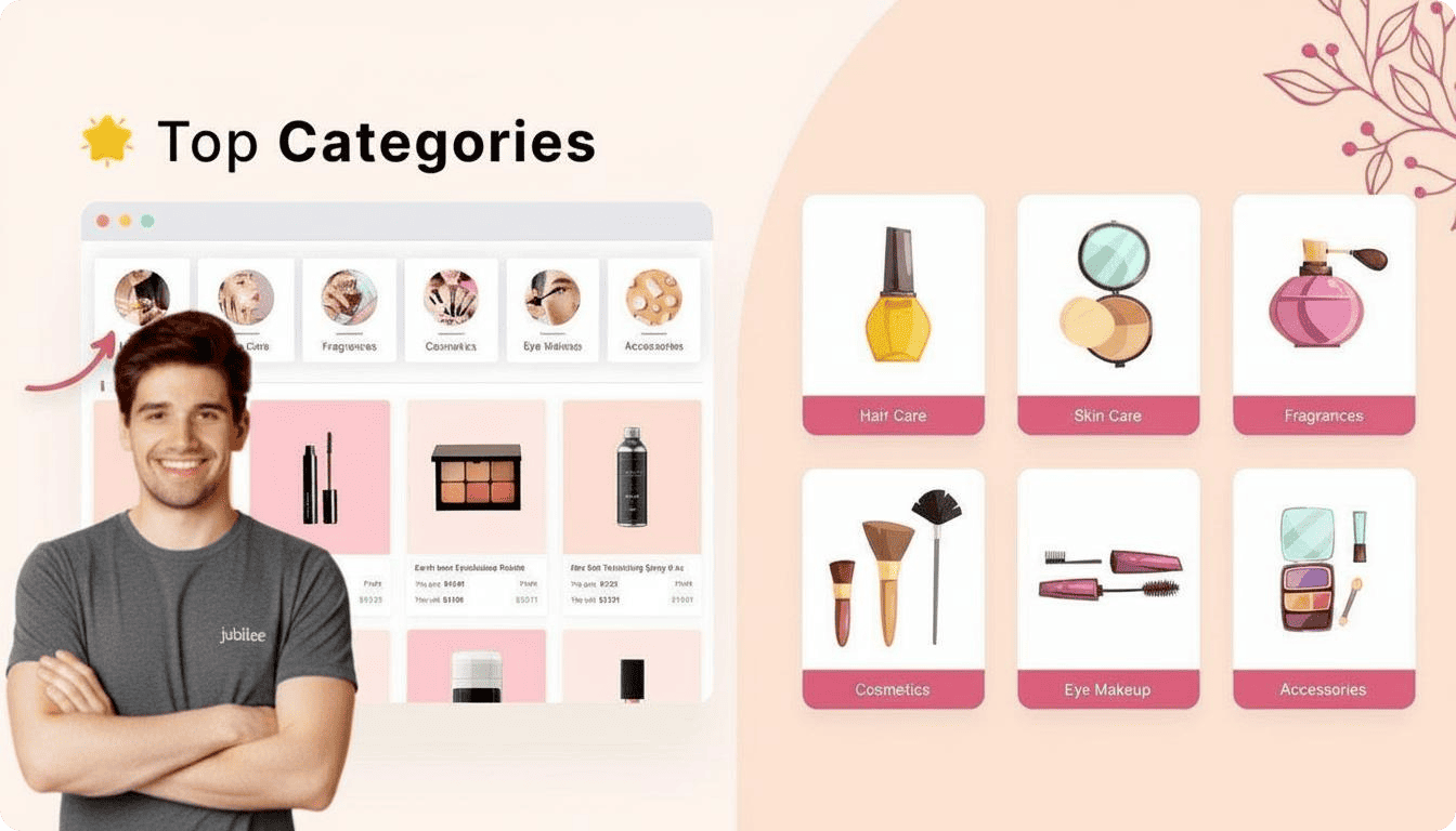 categorie Top categories in Jubilee — Hair Care, Skin Care, Fragrances, Cosmetics, Eye Makeup, Accessories